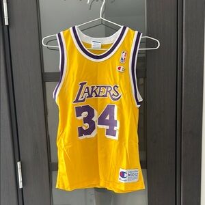 Vintage 
Kids Champion Shaquille O’Neal Yellow and Purple Lakers Game Jersey